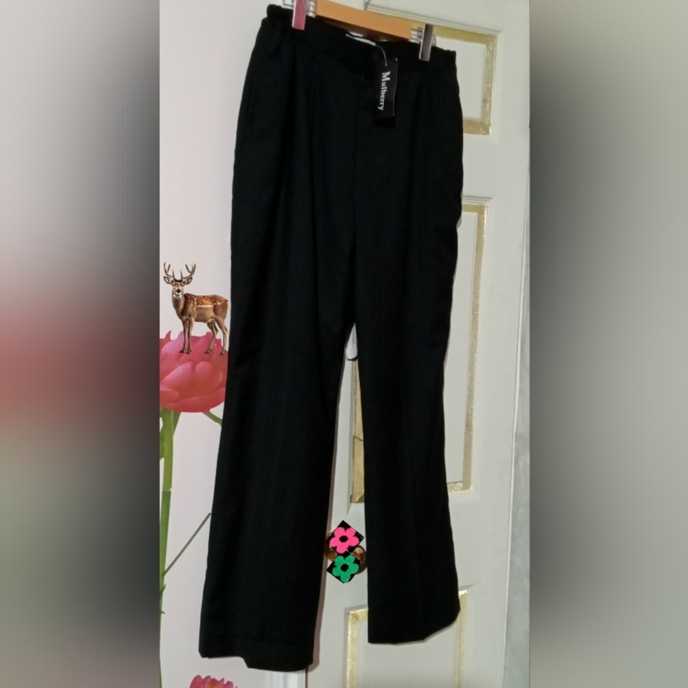 MULBERRY🐞Black Striped Pleated Wool Blend Relaxed Fit High Rise Trousers Sz: 14 - Picture 7 of 10